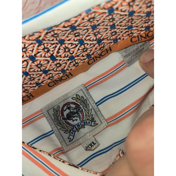 Mens Cinch XL Long Sleeve Button-Up Shirt Striped Orange & Blue 100% Cotton - Picture 5 of 7